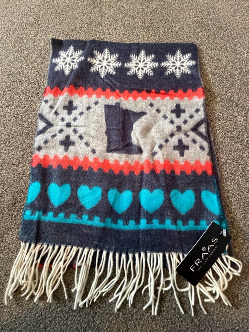 Fraas Navy Blue Red Teal Patterned Fringe Scarf
